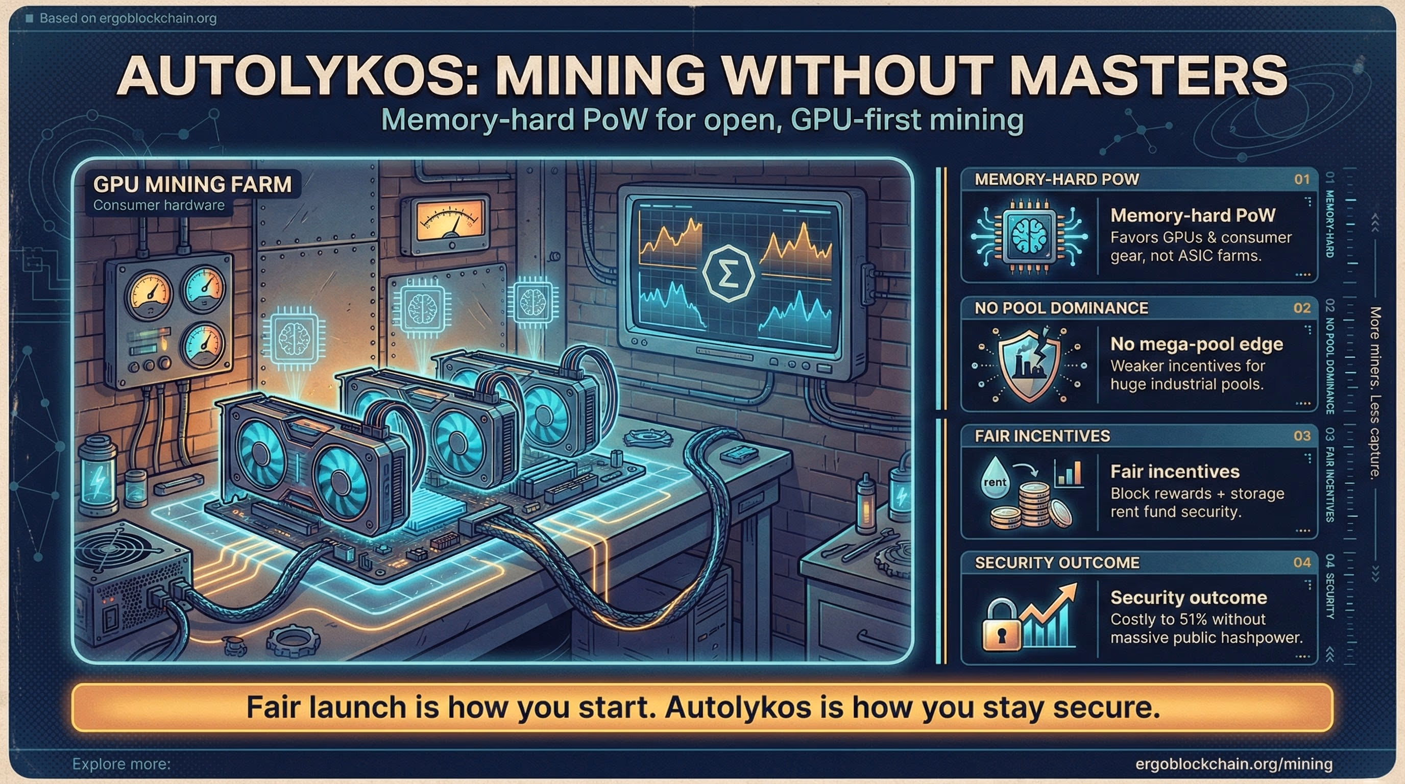 Infographic titled Autolykos: Mining Without Masters showing a GPU mining farm on consumer hardware and bullet points explaining how Ergo's Autolykos Proof-of-Work keeps mining open and decentralized.