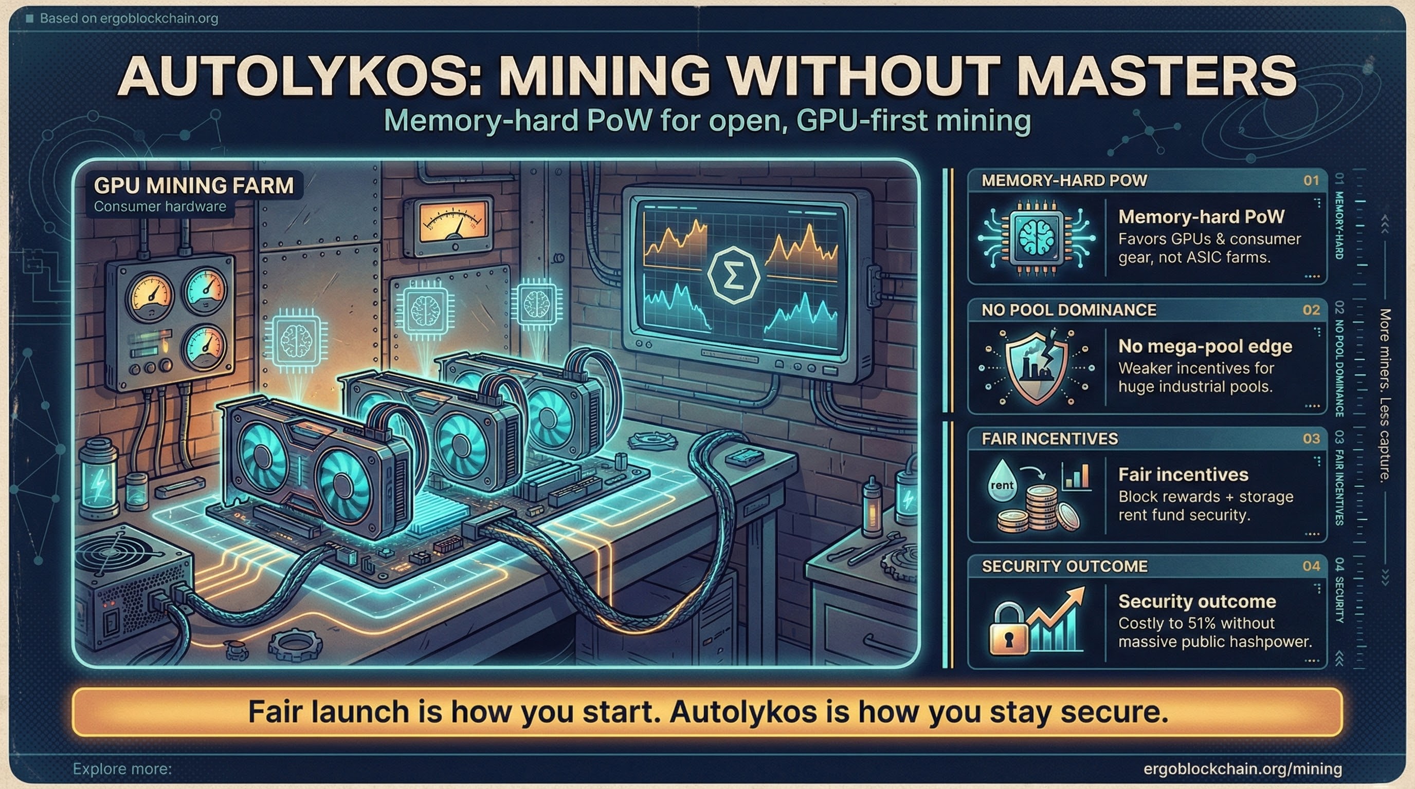 Infographic titled Autolykos: Mining Without Masters showing a GPU mining farm on consumer hardware and bullet points explaining how Ergo's Autolykos Proof-of-Work keeps mining open and decentralized.