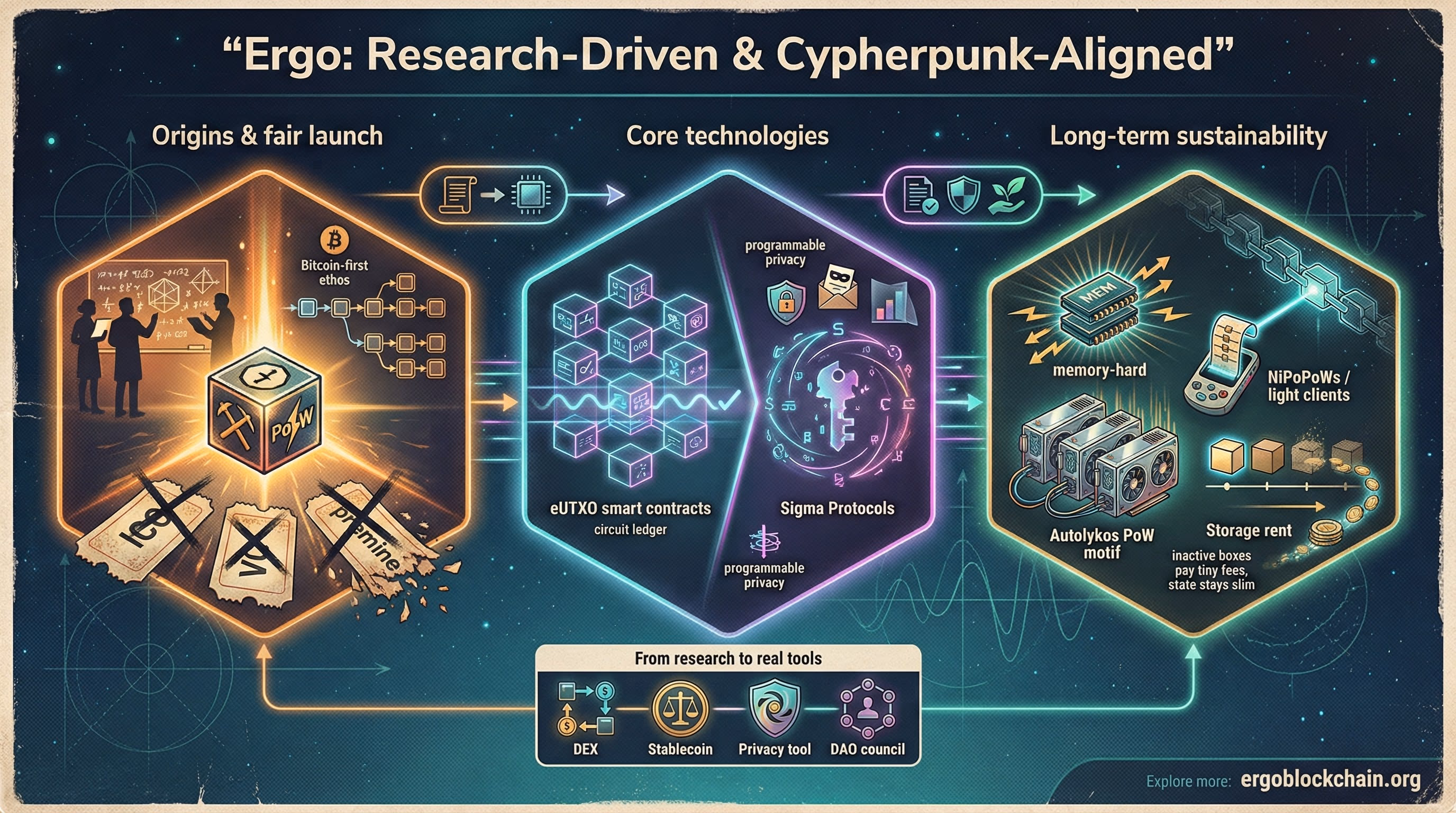 Infographic titled Ergo Blockchain: Research-Driven & Cypherpunk-Aligned summarizing Ergo's origins and fair launch, core technologies like eUTXO and Sigma Protocols, and long-term sustainability features such as Autolykos, NiPoPoWs and storage rent.
