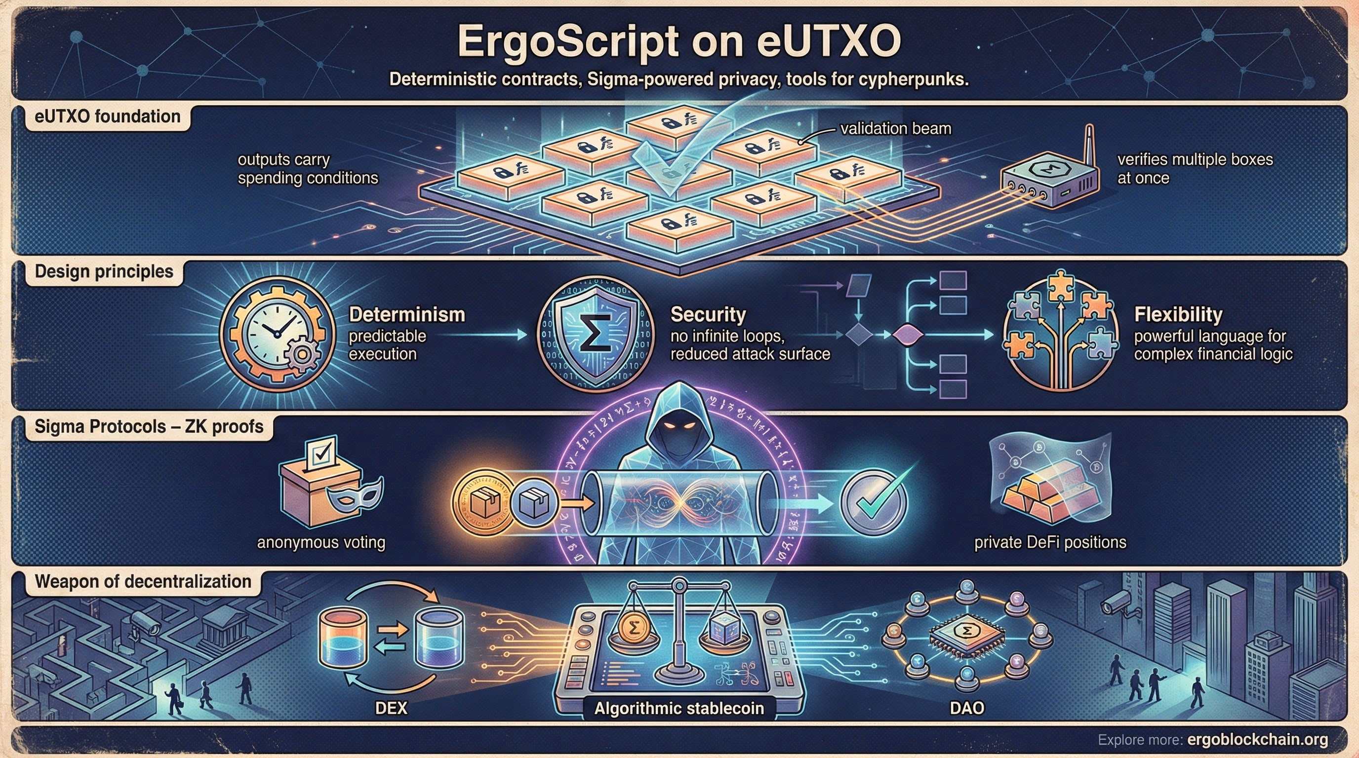Cyberpunk-style infographic titled ErgoScript: The Cypherpunk Code of Freedom explaining eUTXO foundation, design principles, Sigma Protocols zk-privacy, and decentralization use cases.