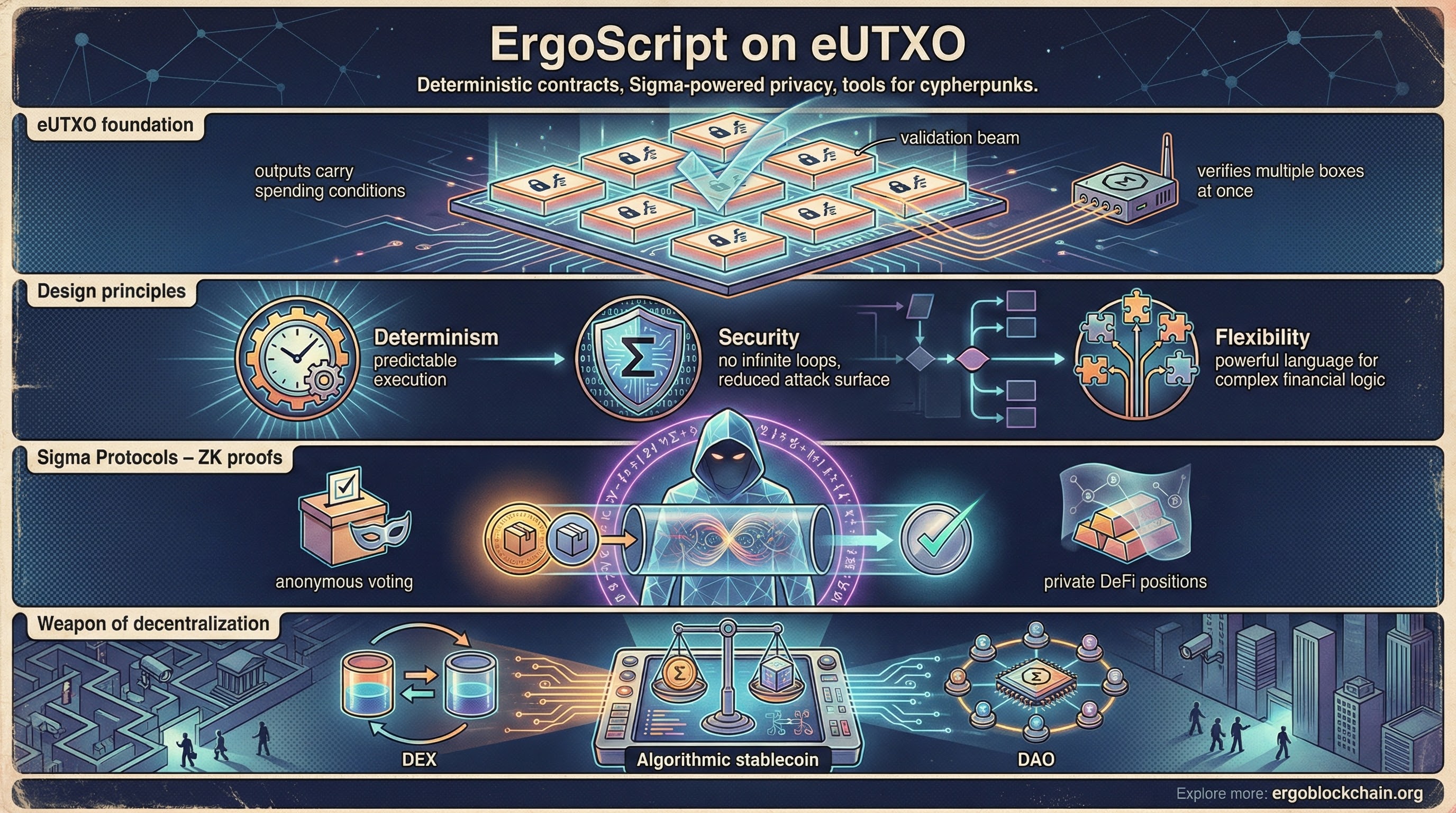Cyberpunk-style infographic titled ErgoScript: The Cypherpunk Code of Freedom explaining eUTXO foundation, design principles, Sigma Protocols zk-privacy, and decentralization use cases.