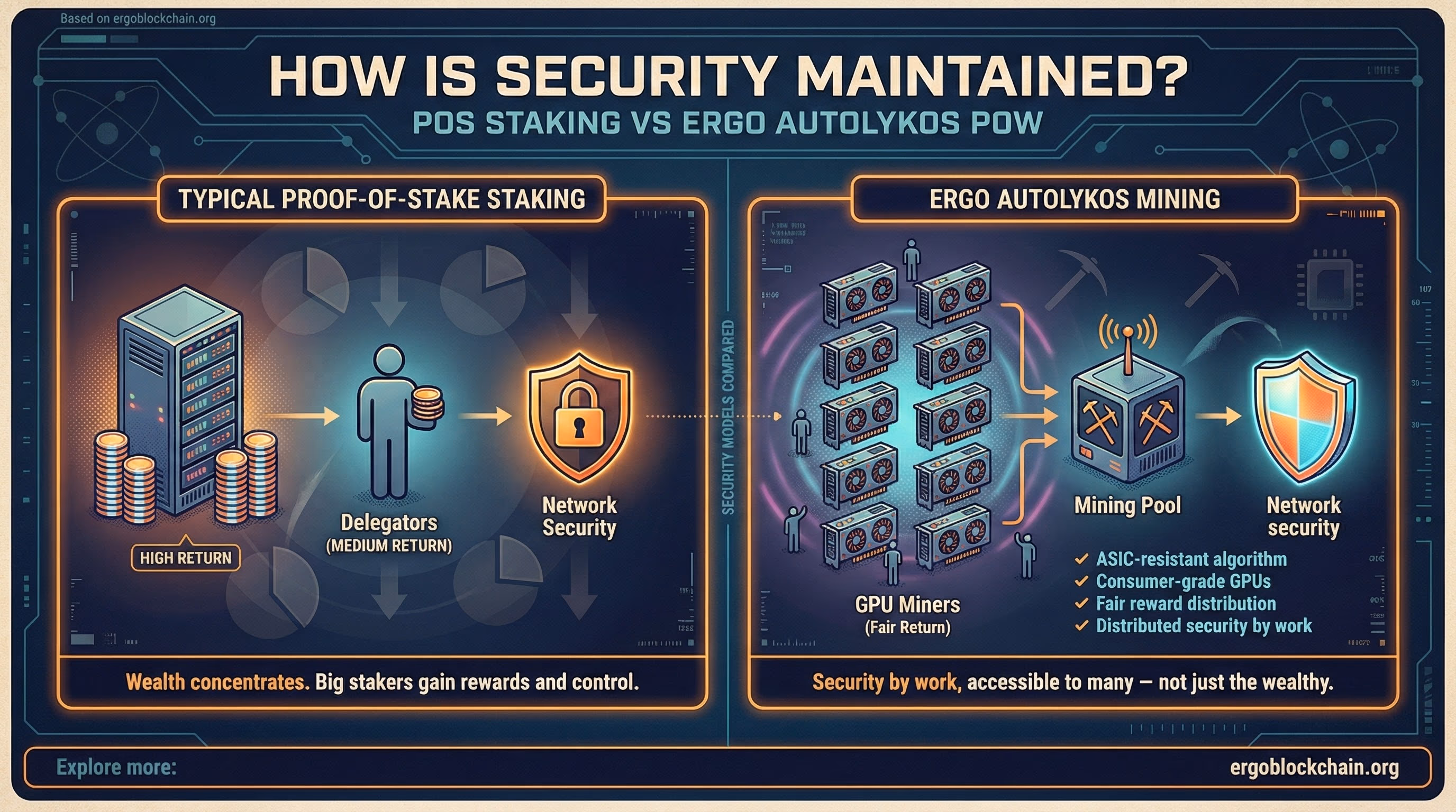 Infographic titled How Is Security Maintained? comparing typical Proof-of-Stake staking, where validators and large stakers secure the network, with Ergo's Autolykos GPU mining model.