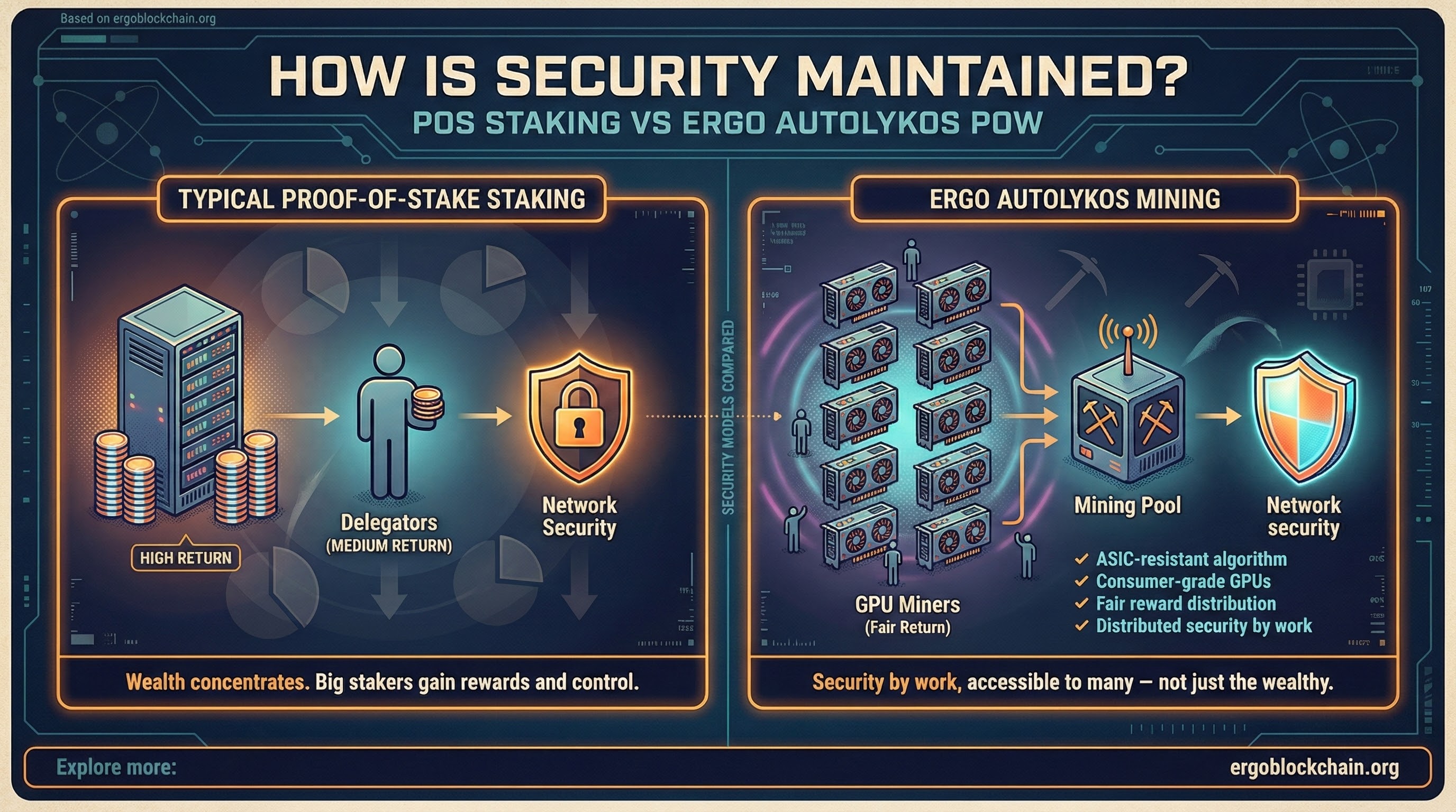 Infographic titled How Is Security Maintained? comparing typical Proof-of-Stake staking, where validators and large stakers secure the network, with Ergo's Autolykos GPU mining model.