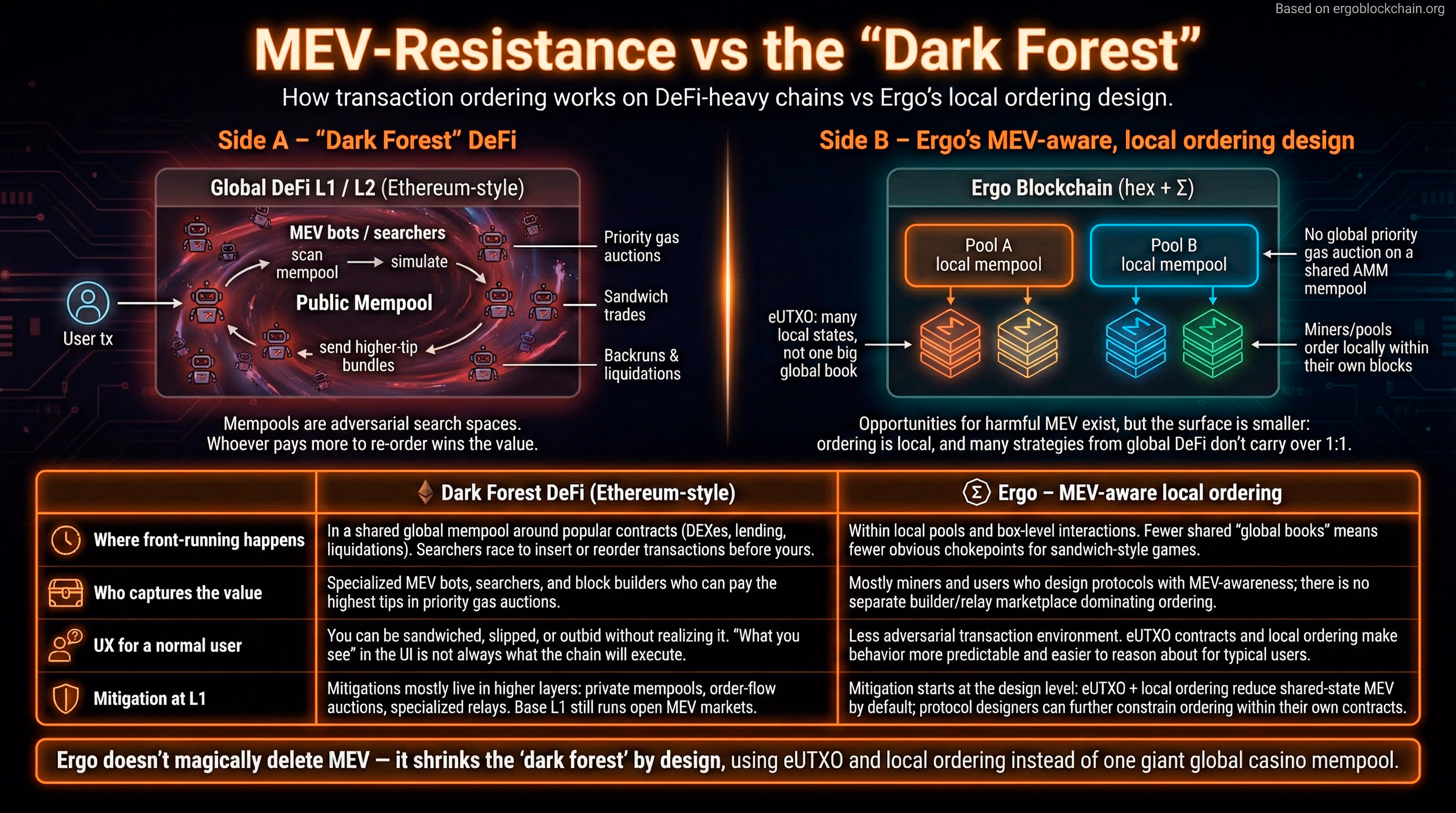 Infographic titled MEV-Resistance vs the Dark Forest comparing global DeFi-style mempools on Ethereum with Ergo's MEV-aware local ordering and eUTXO design.