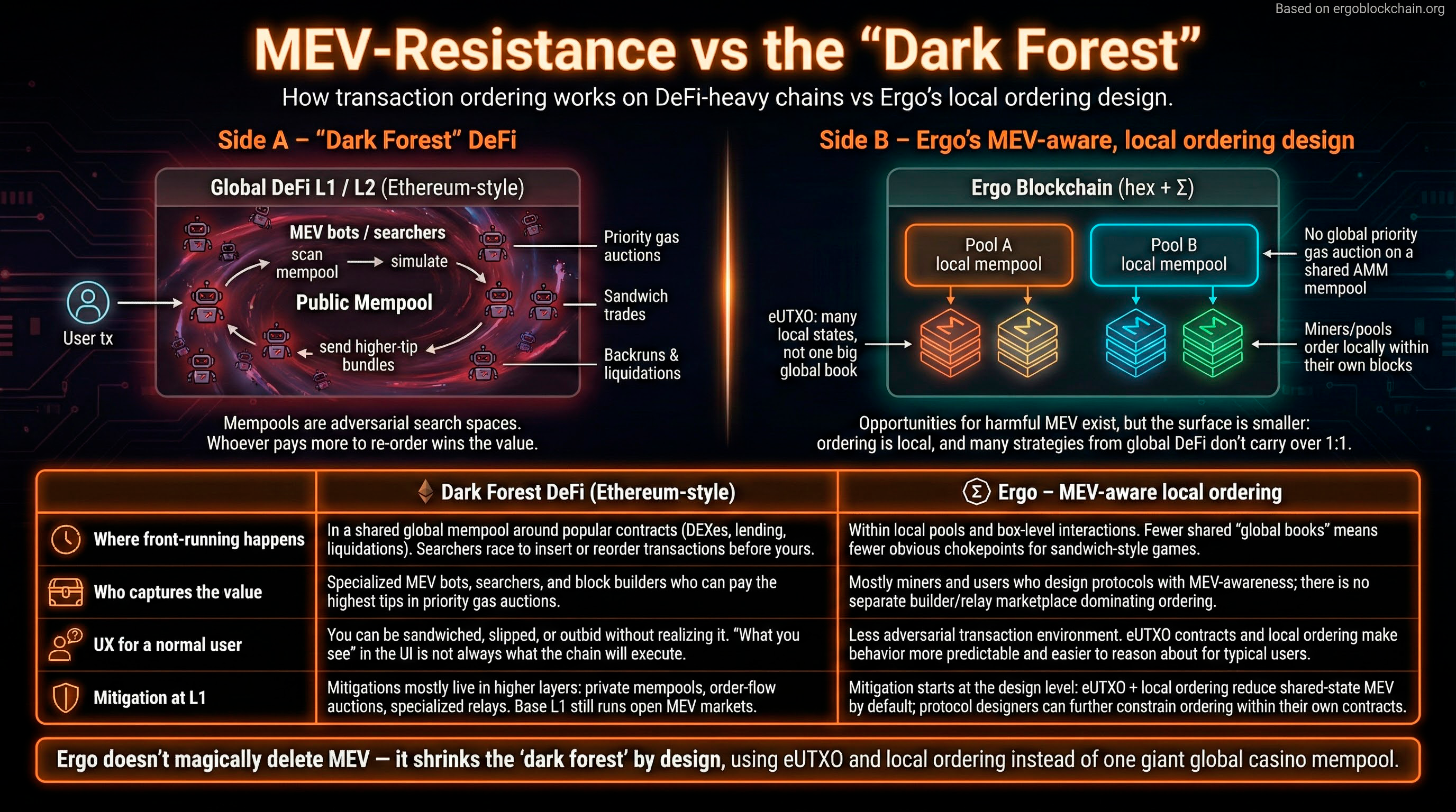 Infographic titled MEV-Resistance vs the Dark Forest comparing global DeFi-style mempools on Ethereum with Ergo's MEV-aware local ordering and eUTXO design.