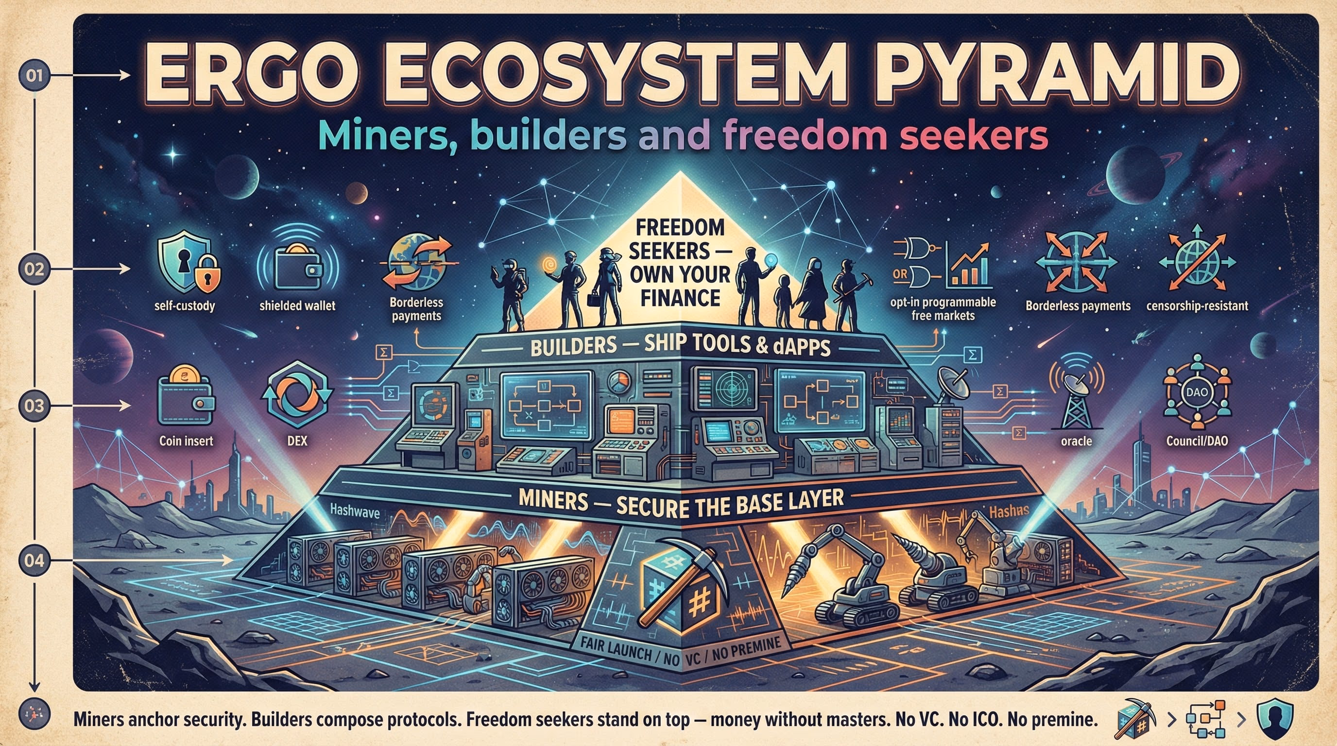Infographic with a glowing three-layer pyramid labeled miners at the base, builders in the middle, and freedom seekers at the top, explaining how Ergo is powered by builders and designed for financial freedom.