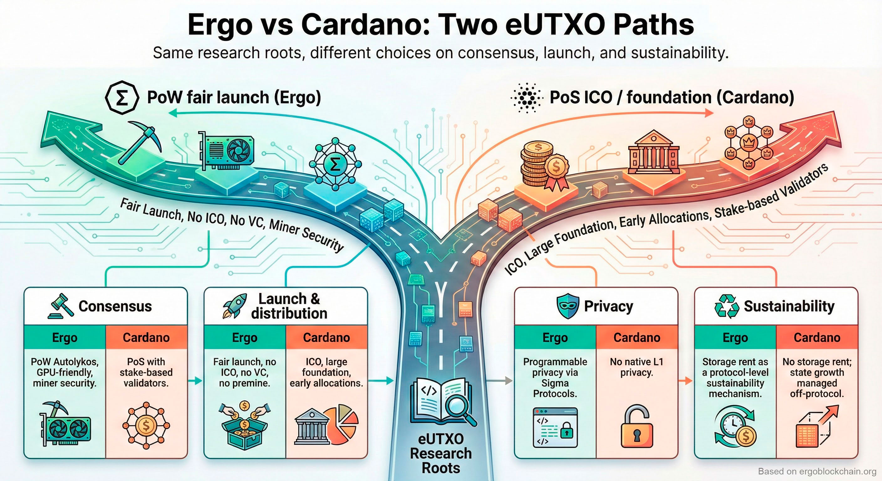 Infographic titled “Ergo vs Cardano: Two eUTXO Paths”. A central eUTXO research hub splits into two roads: a blocky PoW fair-launch path for Ergo and a smooth PoS ICO and foundation path for Cardano, with four comparison panels for consensus, launch & distribution, privacy and sustainability.