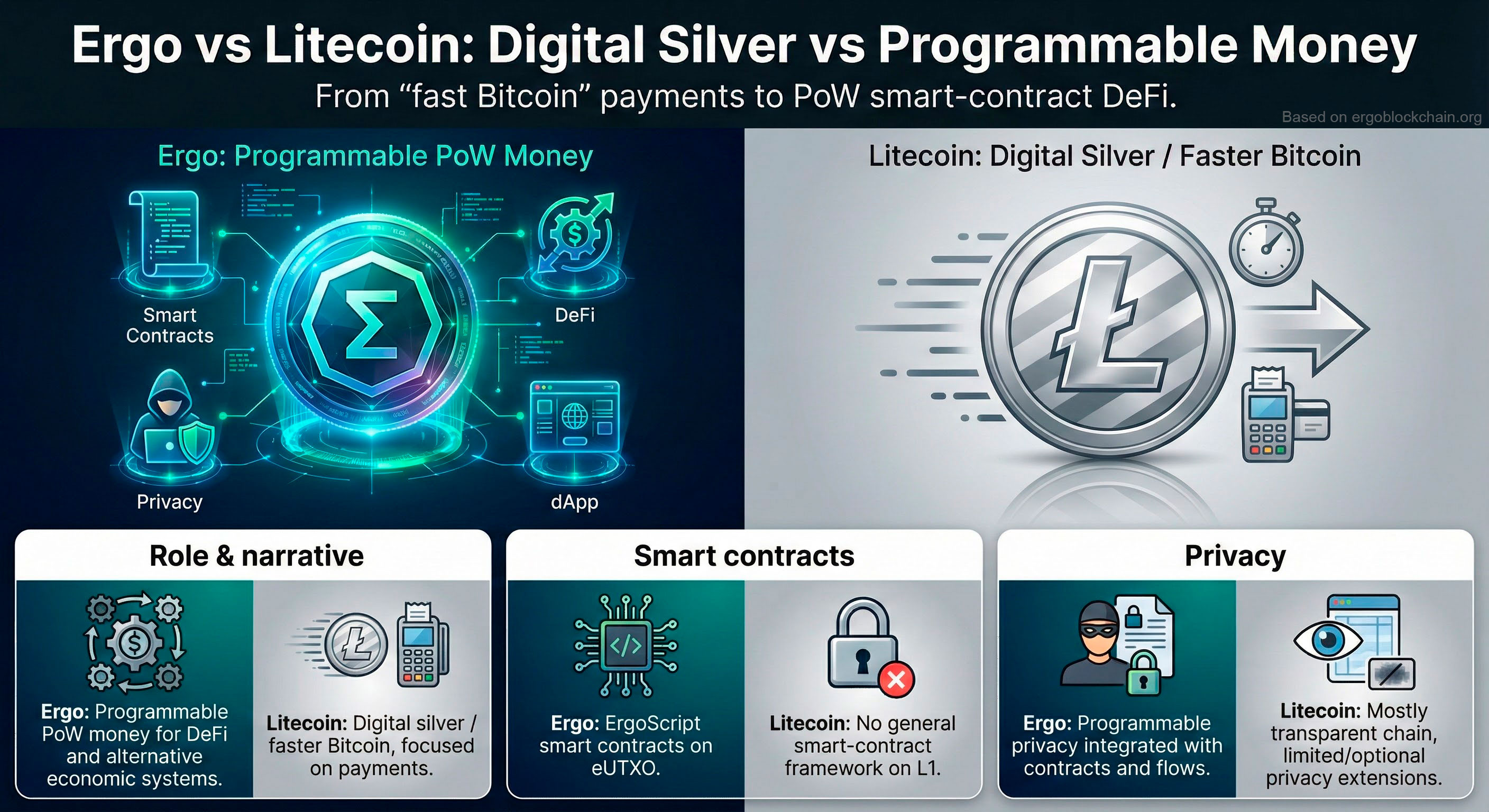 Infographic titled “Ergo vs Litecoin: Digital Silver vs Programmable Money”. On the left, Ergo is shown as programmable PoW money with icons for smart contracts, DeFi, privacy and dApps. On the right, Litecoin appears as a speeding silver coin for faster Bitcoin-style payments, with comparison panels for role & narrative, smart contracts and privacy.