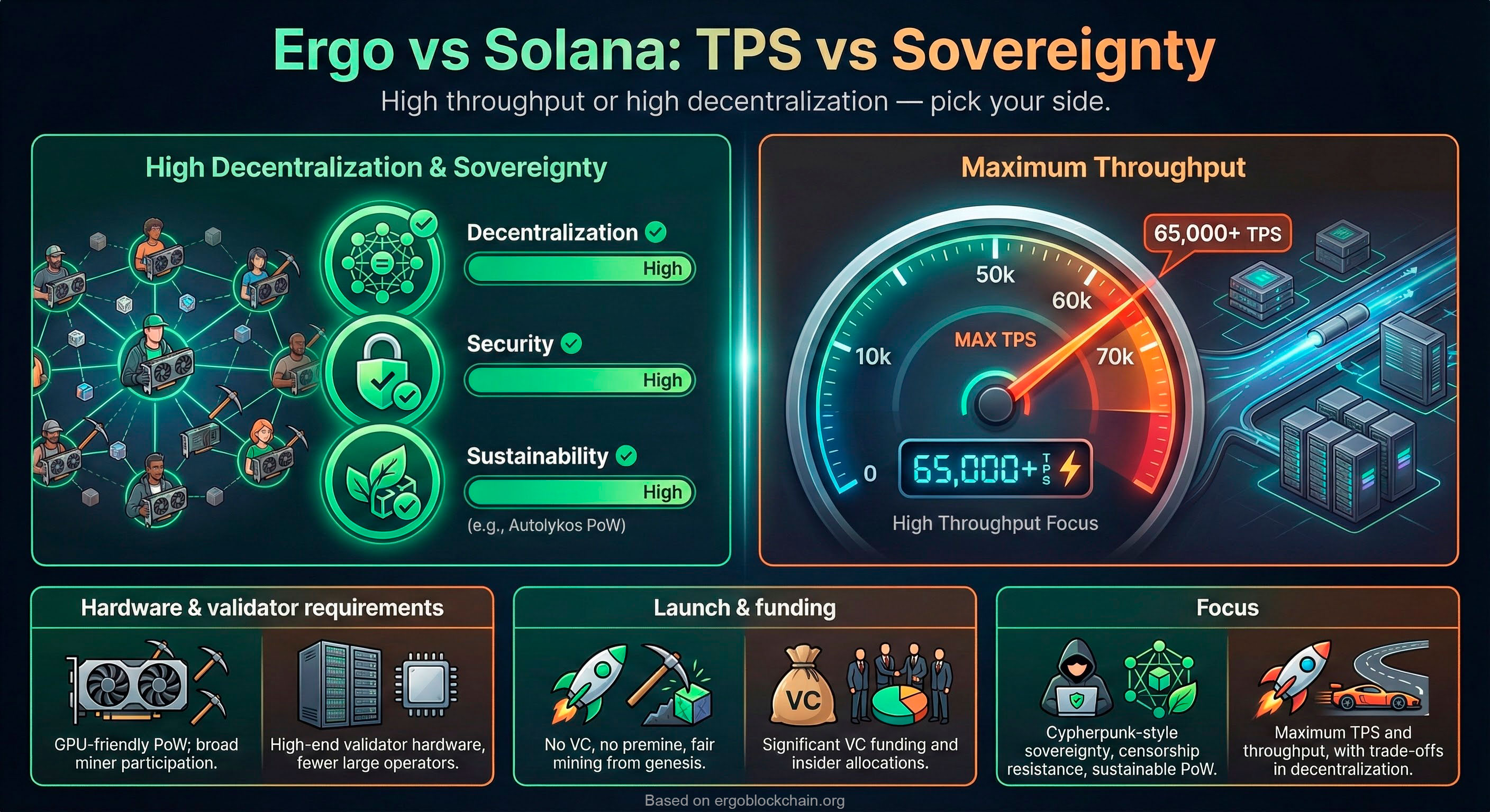Infographic titled “Ergo vs Solana: TPS vs Sovereignty”. On the left, a decentralized GPU miner network with high decentralization, security and sustainability for Ergo. On the right, a large speedometer showing 65,000+ TPS and data centers for Solana, plus comparison blocks for hardware requirements, launch & funding and focus.