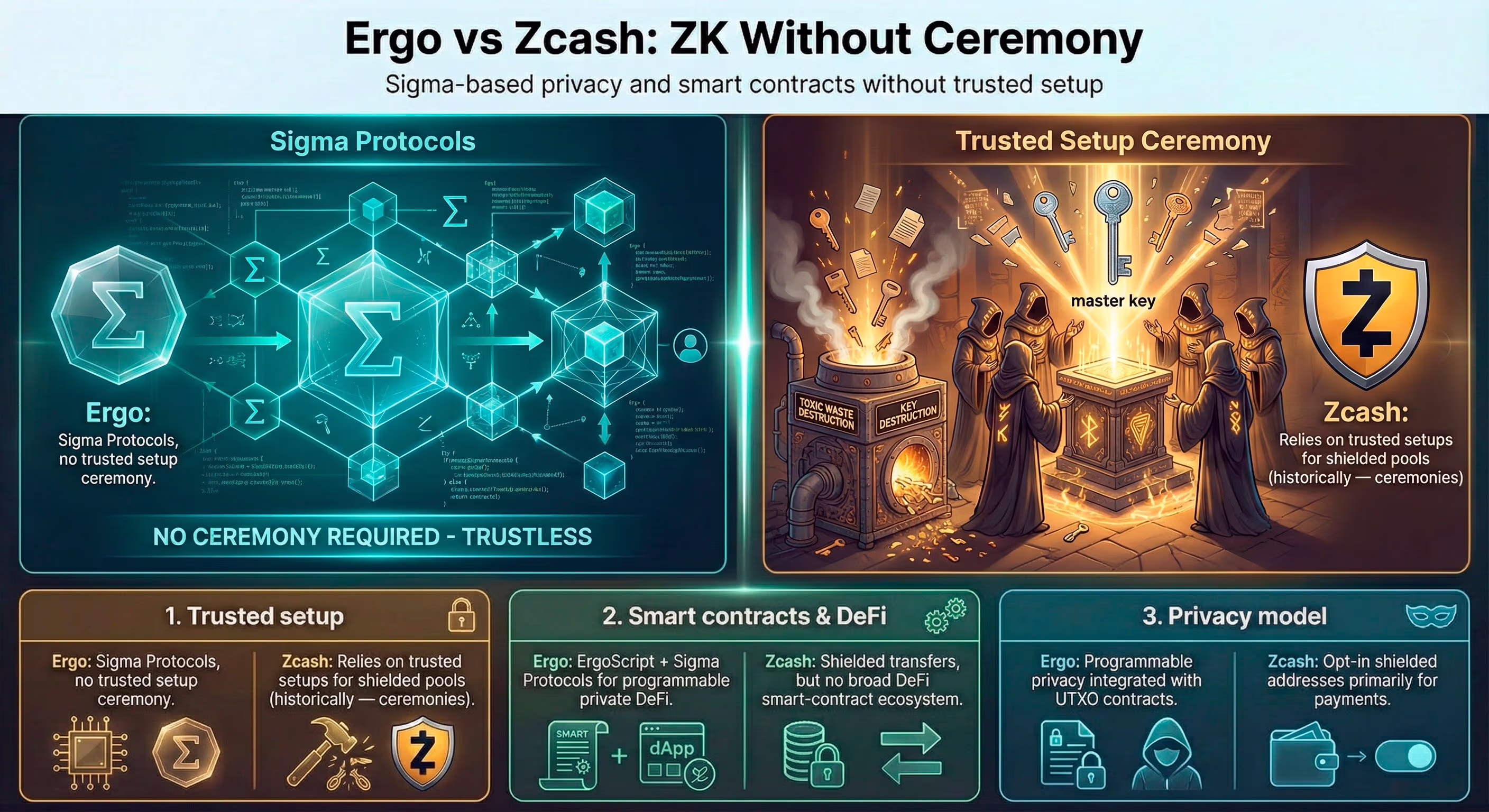 Infographic titled “Ergo vs Zcash: ZK Without Ceremony”. On the left, a glowing Sigma Protocols diagram for Ergo with no trusted setup. On the right, a robed ceremony around a pedestal and furnace labeled toxic waste and key destruction for Zcash trusted setup, plus three comparison blocks for trusted setup, smart contracts & DeFi, and privacy model.