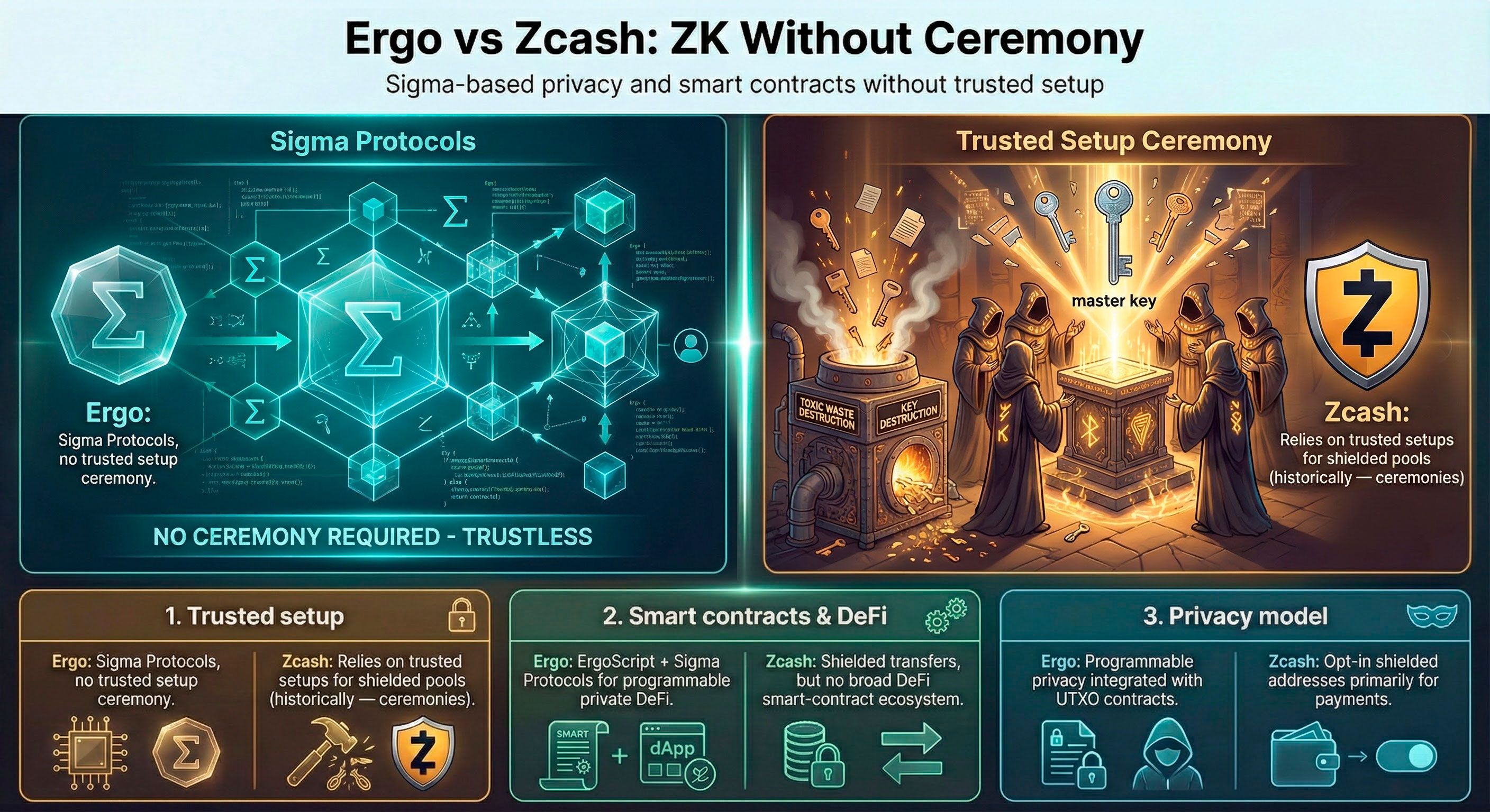 Infographic titled “Ergo vs Zcash: ZK Without Ceremony”. On the left, a glowing Sigma Protocols diagram for Ergo with no trusted setup. On the right, a robed ceremony around a pedestal and furnace labeled toxic waste and key destruction for Zcash trusted setup, plus three comparison blocks for trusted setup, smart contracts & DeFi, and privacy model.